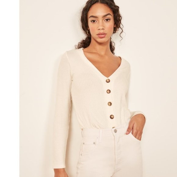 Reformation Jeans Iris Top Small Ivory Ribbed Modal Button Front V-Neck Top - Picture 1 of 6